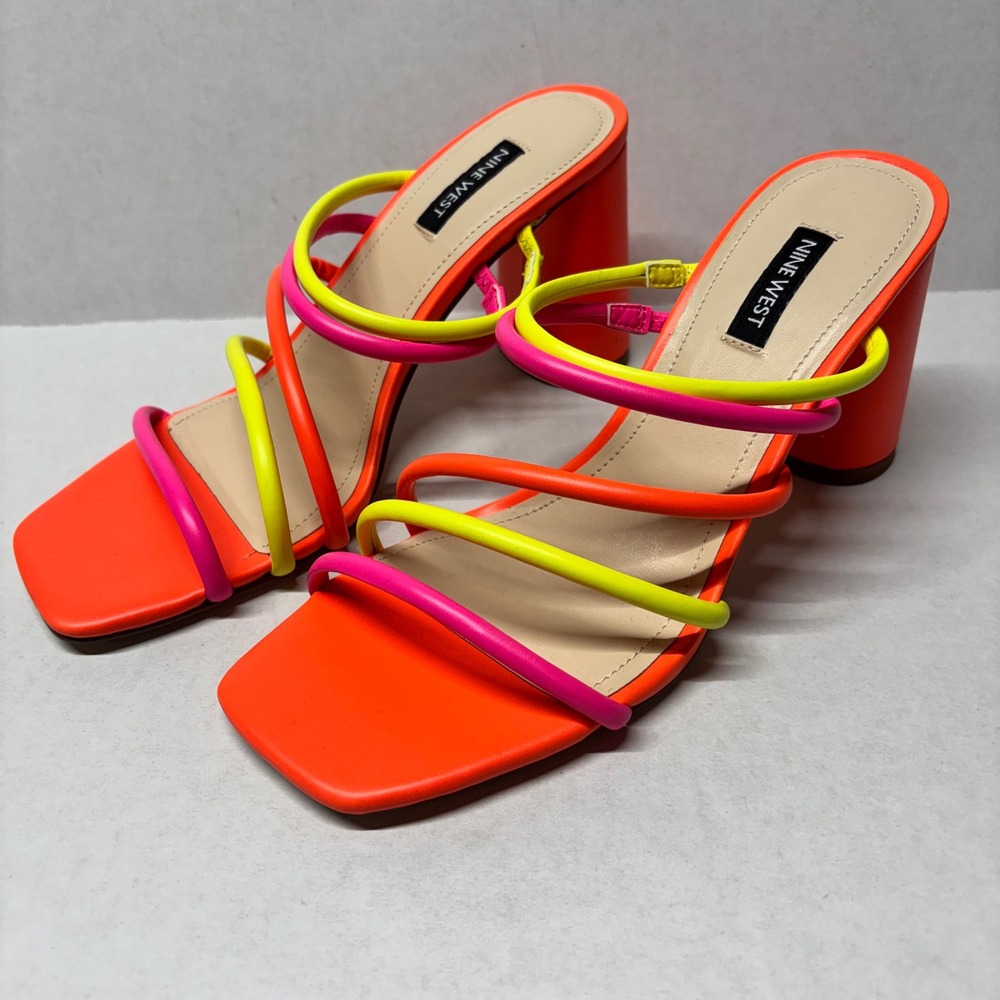 Nine West Womens Girlie Block Heel Sandal 8M Neon Multi Color Strappy Square Toe